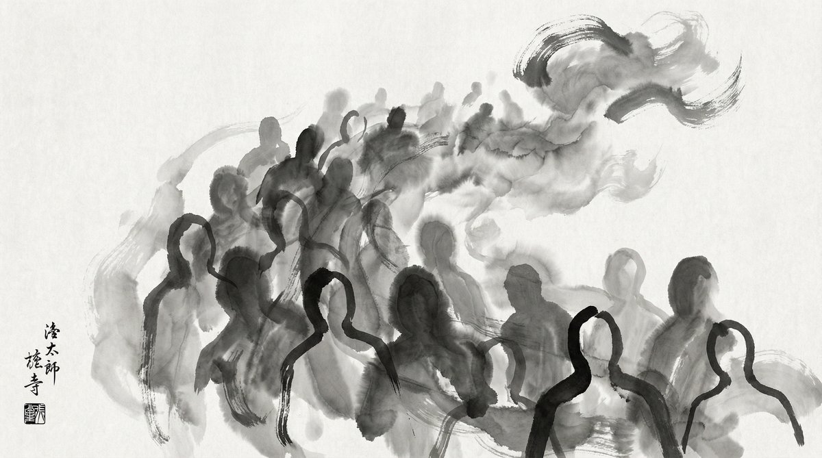 Abstract ink wash representation of a crowd